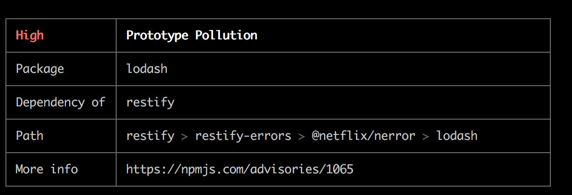 screenshoot from npm audit at Github Netflix/nerror